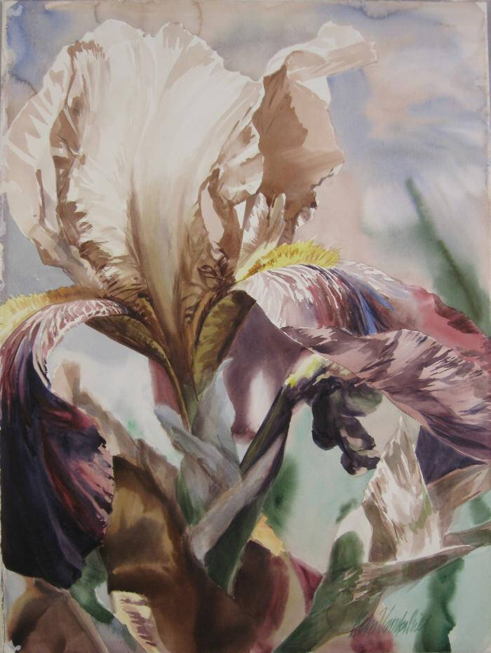 Watercolor of a closeup of a lily with pink, purple, and violet accents